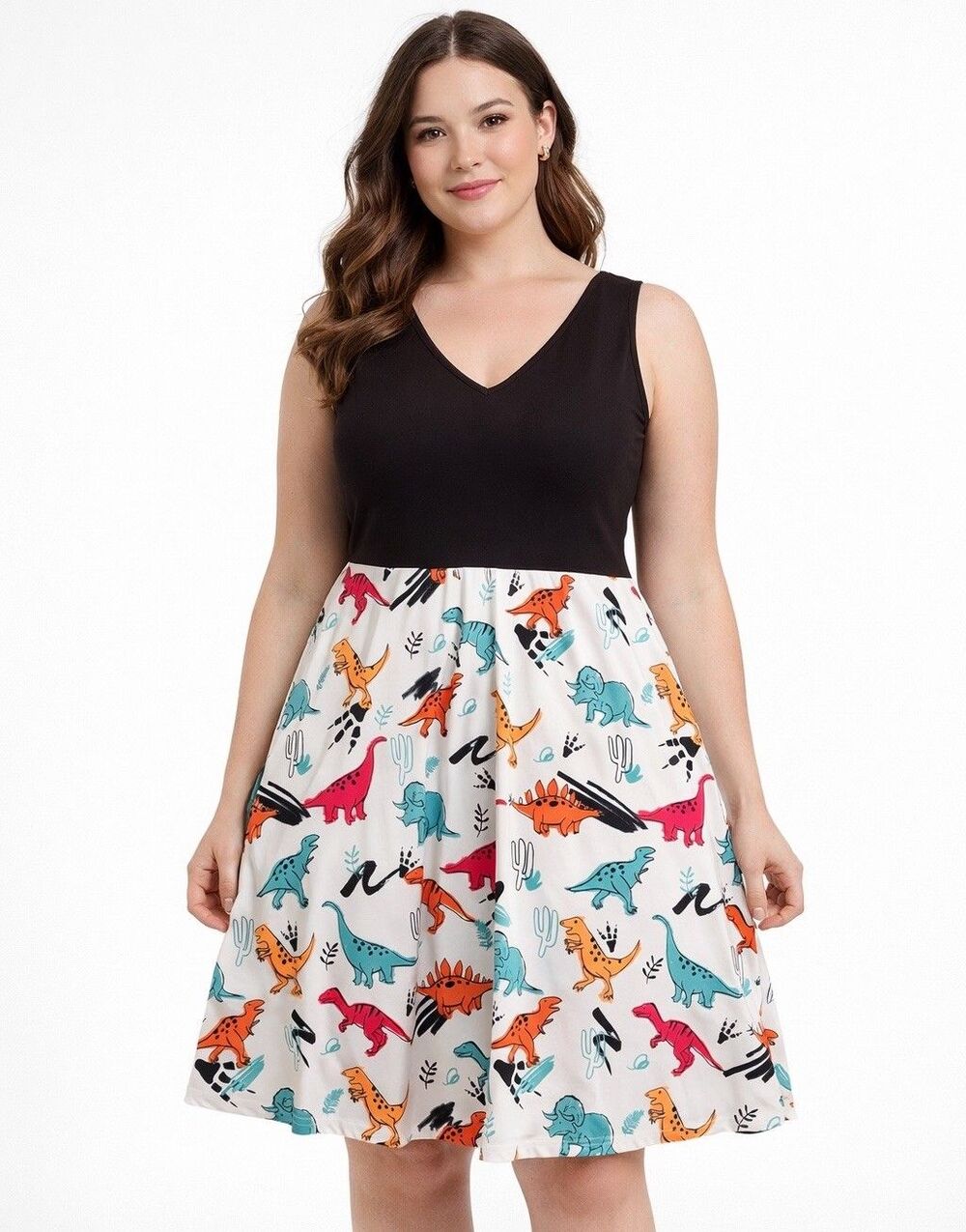Dinosaur Patterned Sleeveless Dress Women's Size Large 14 V-Neck Stretch Casual